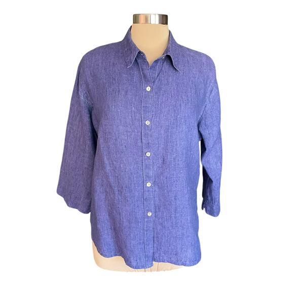 Chico's Design 100% Linen Button Up Blue Top Collared Sz LARGE Casual Minimalist - Picture 1 of 7